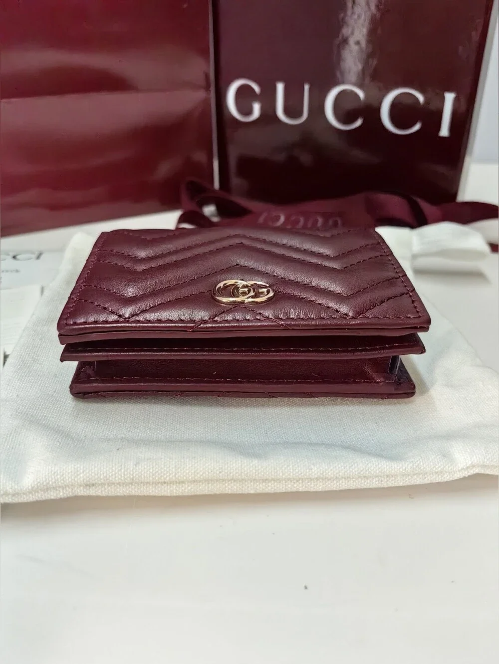 Gucci Marmont Quilted Leather Card Case Wallet in Burgundy